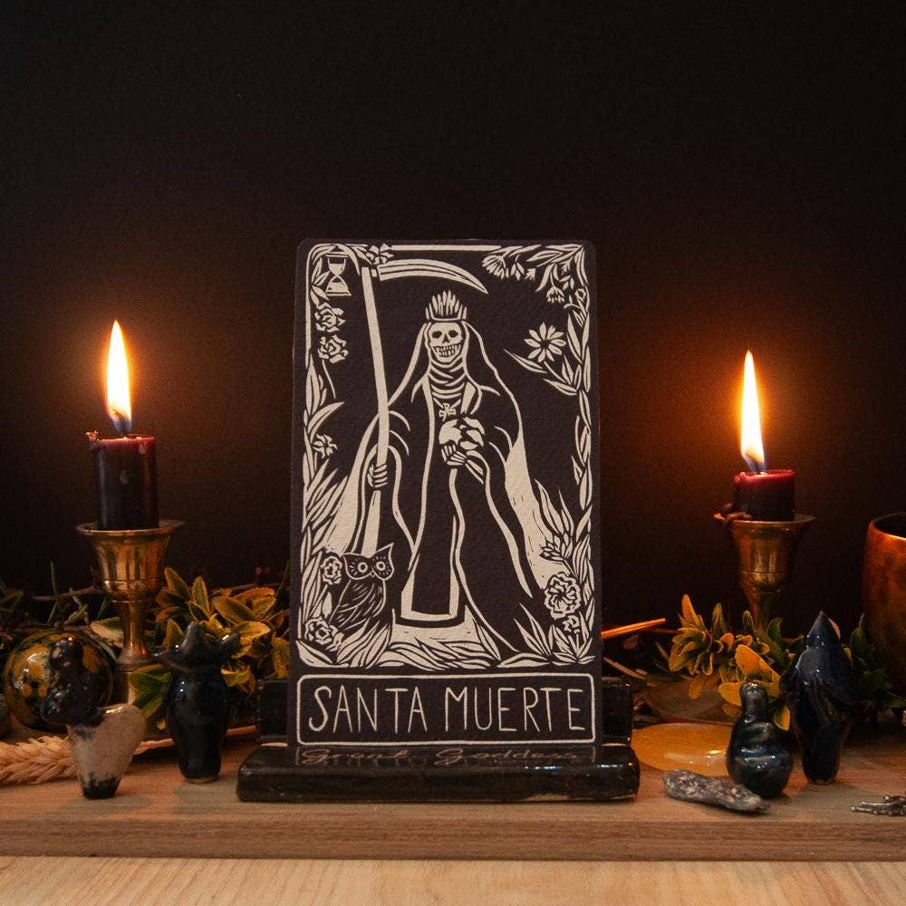SANTA MUERTE ORACLE ALTAR CARD PRINT | linocut design