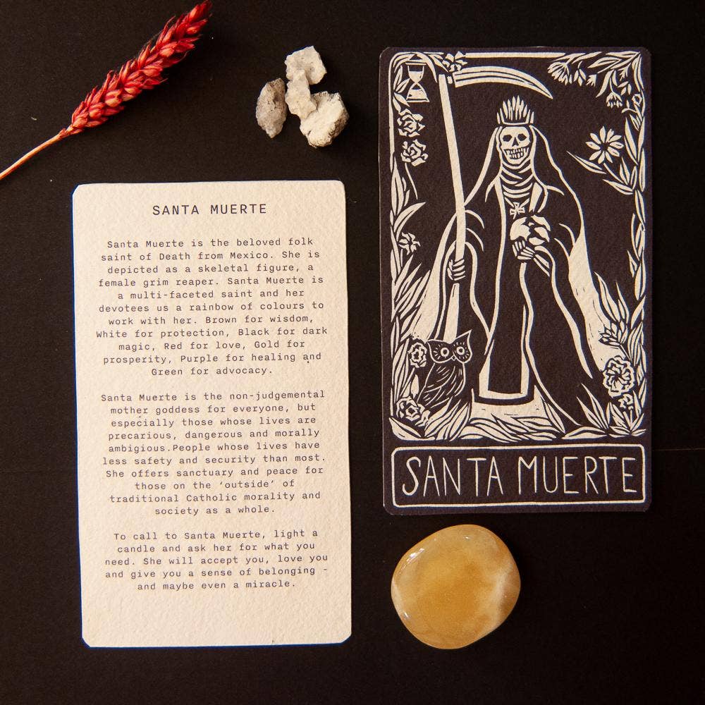SANTA MUERTE ORACLE ALTAR CARD PRINT | linocut design
