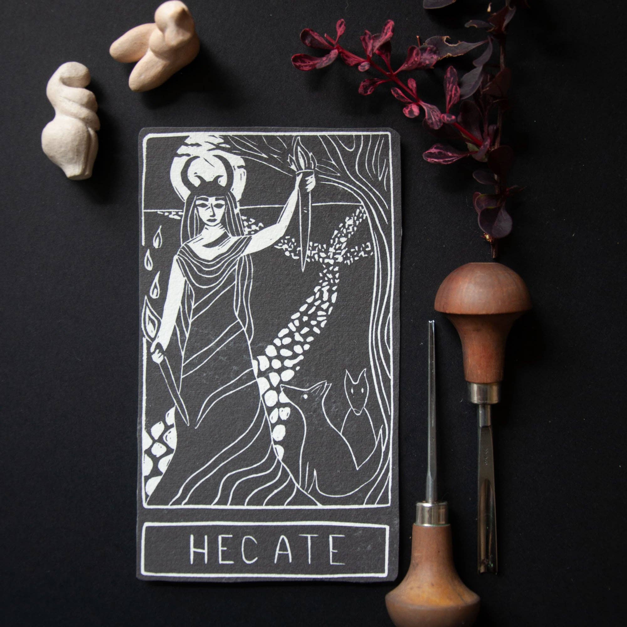 HECATE ORACLE ALTAR CARD PRINT | Linocut design.