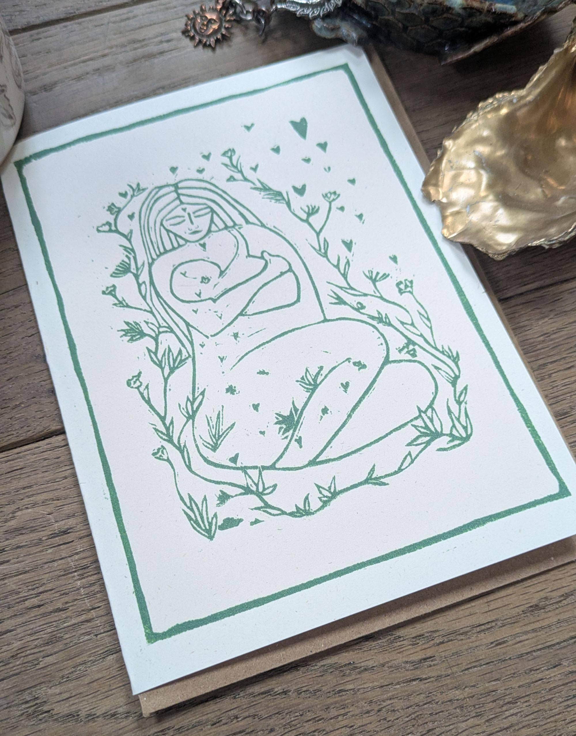 Mother And Baby Linocut Greeting Card