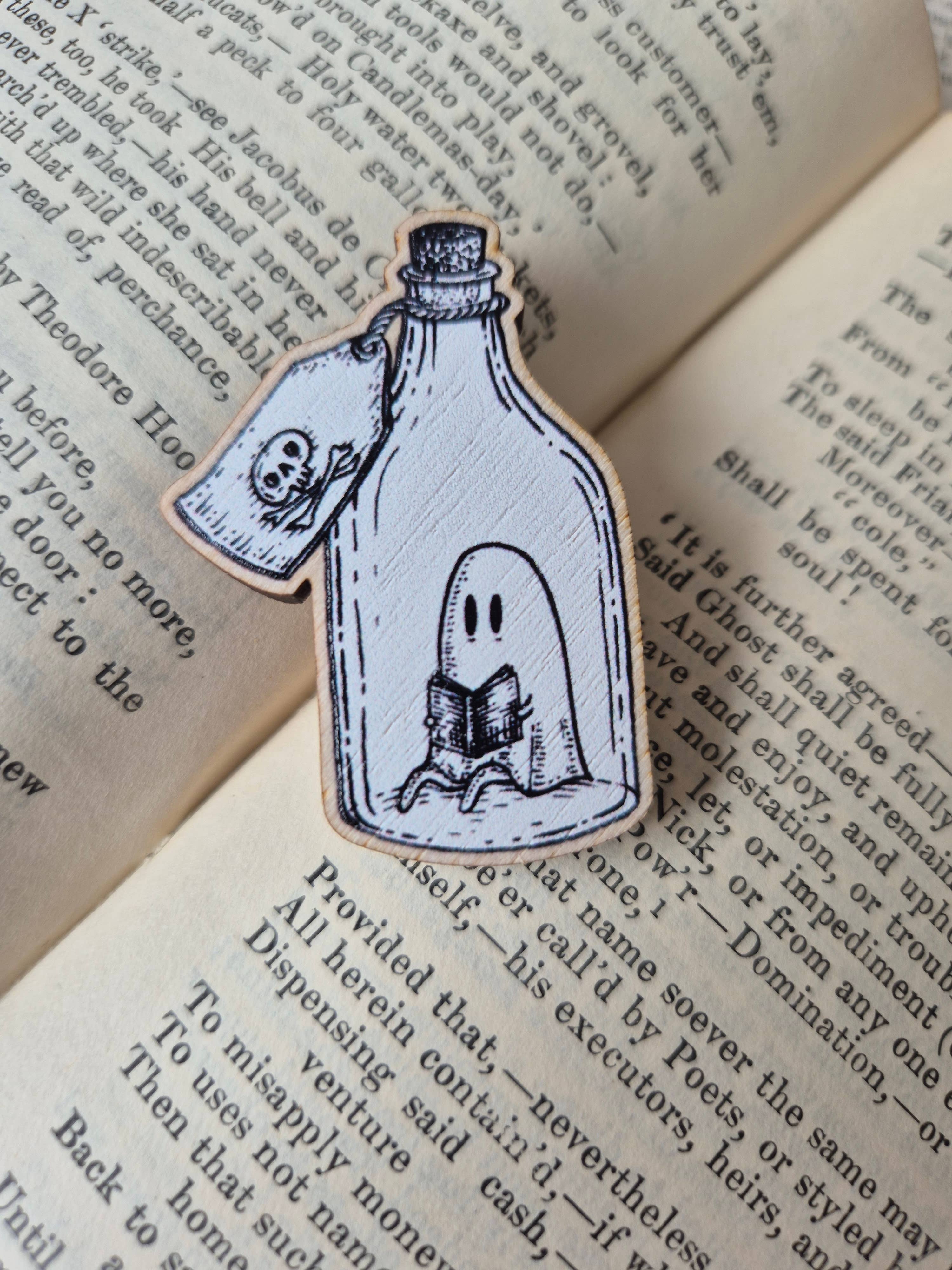 Ghostie in a Bottle Wooden Pin Badge