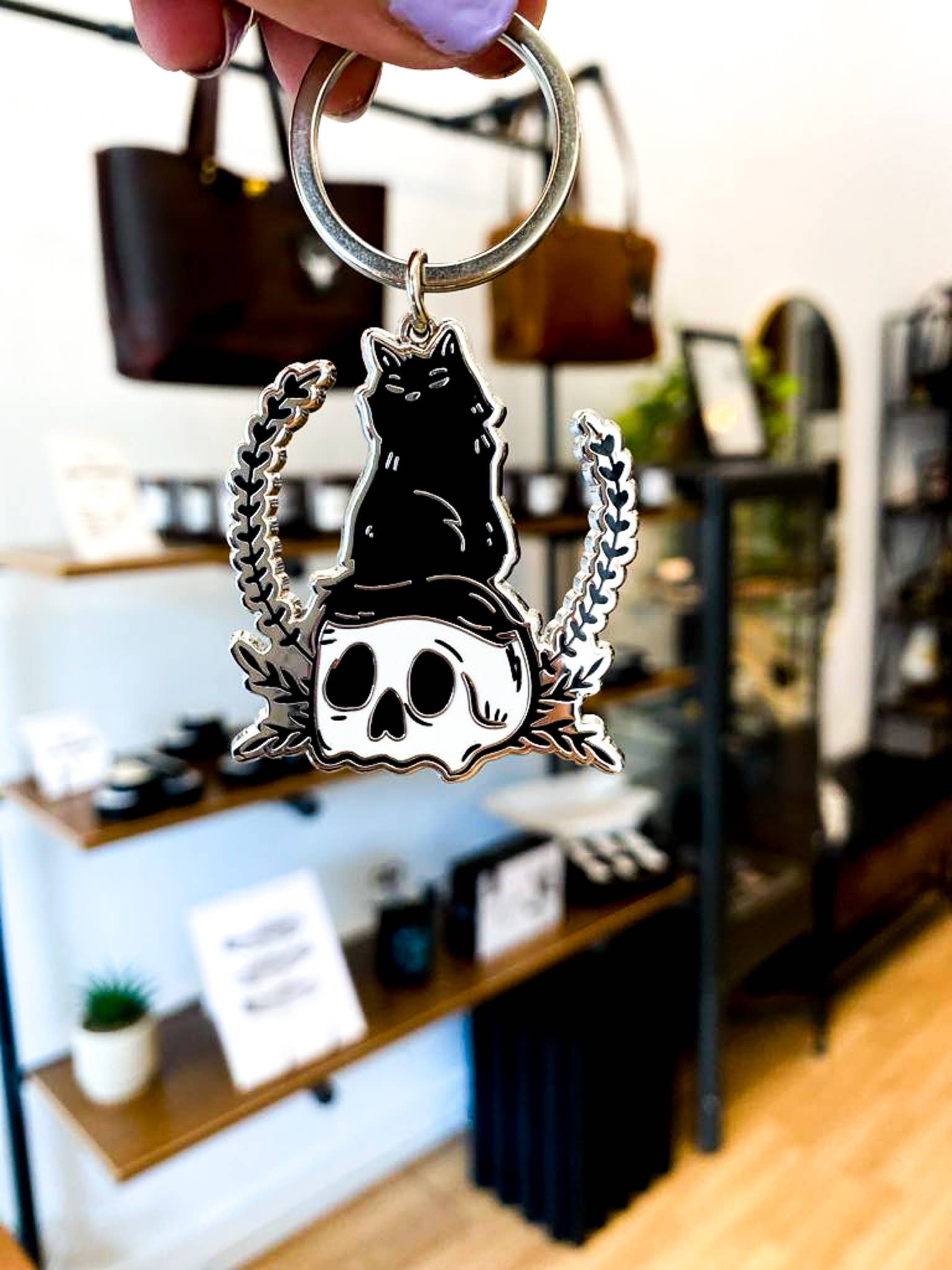 Black Cat & Skull Hard Enamel Keychain