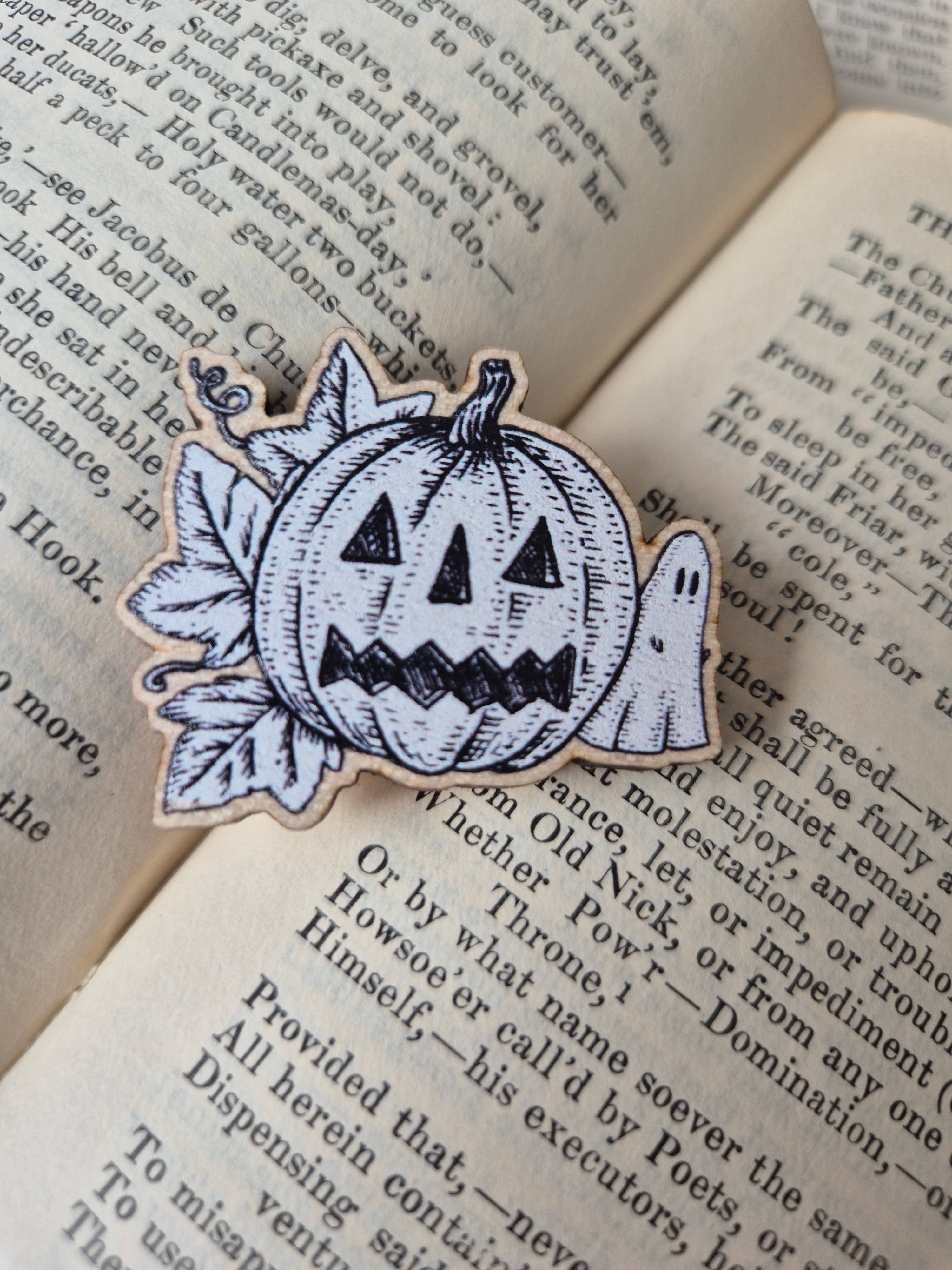 Pumpkin Ghost Wooden Pin Badge