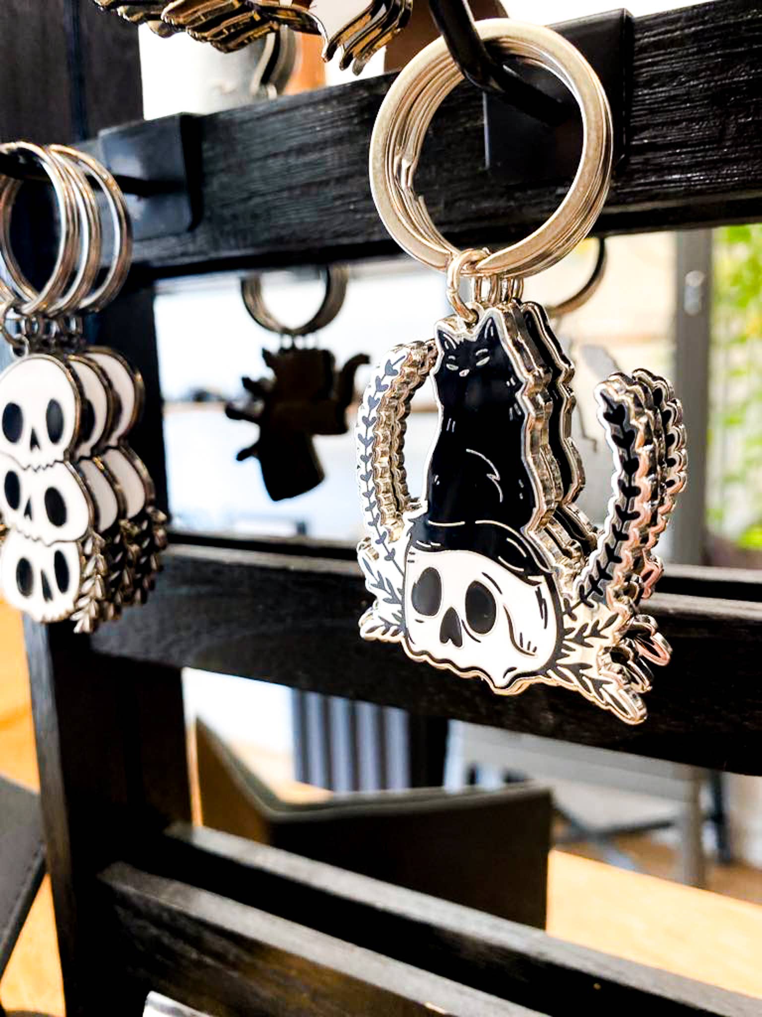 Black Cat & Skull Hard Enamel Keychain