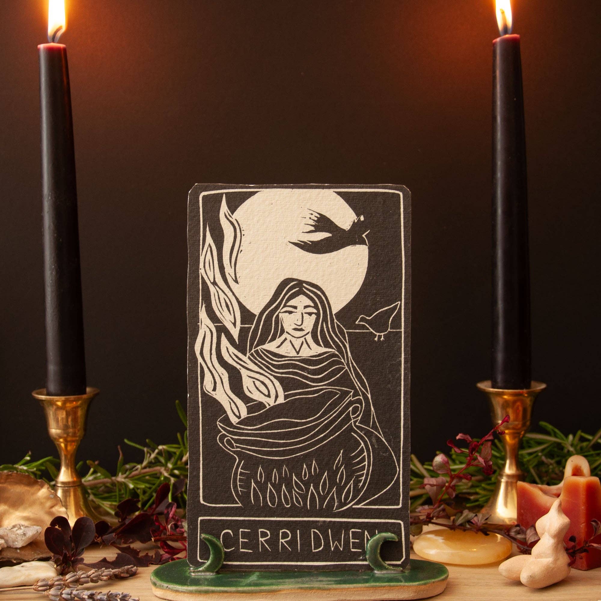CERRIDWEN ORACLE ALTAR CARD PRINT | Handmade linocut design