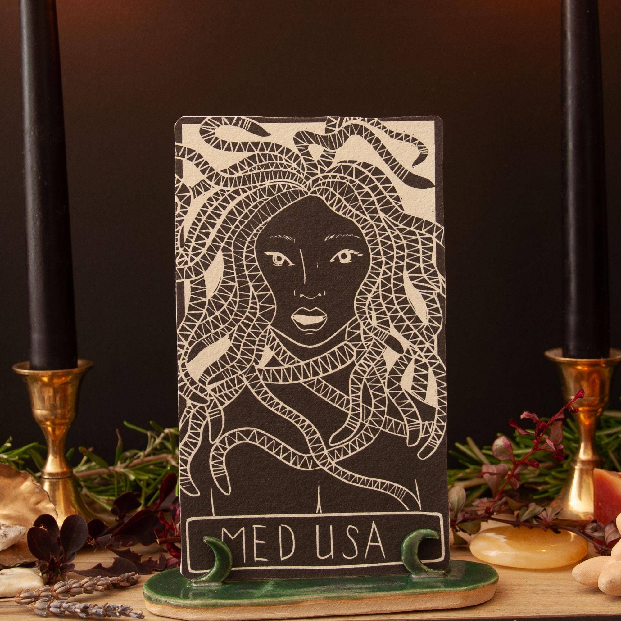 MEDUSA ORACLE ALTAR CARD PRINT |  Linocut design