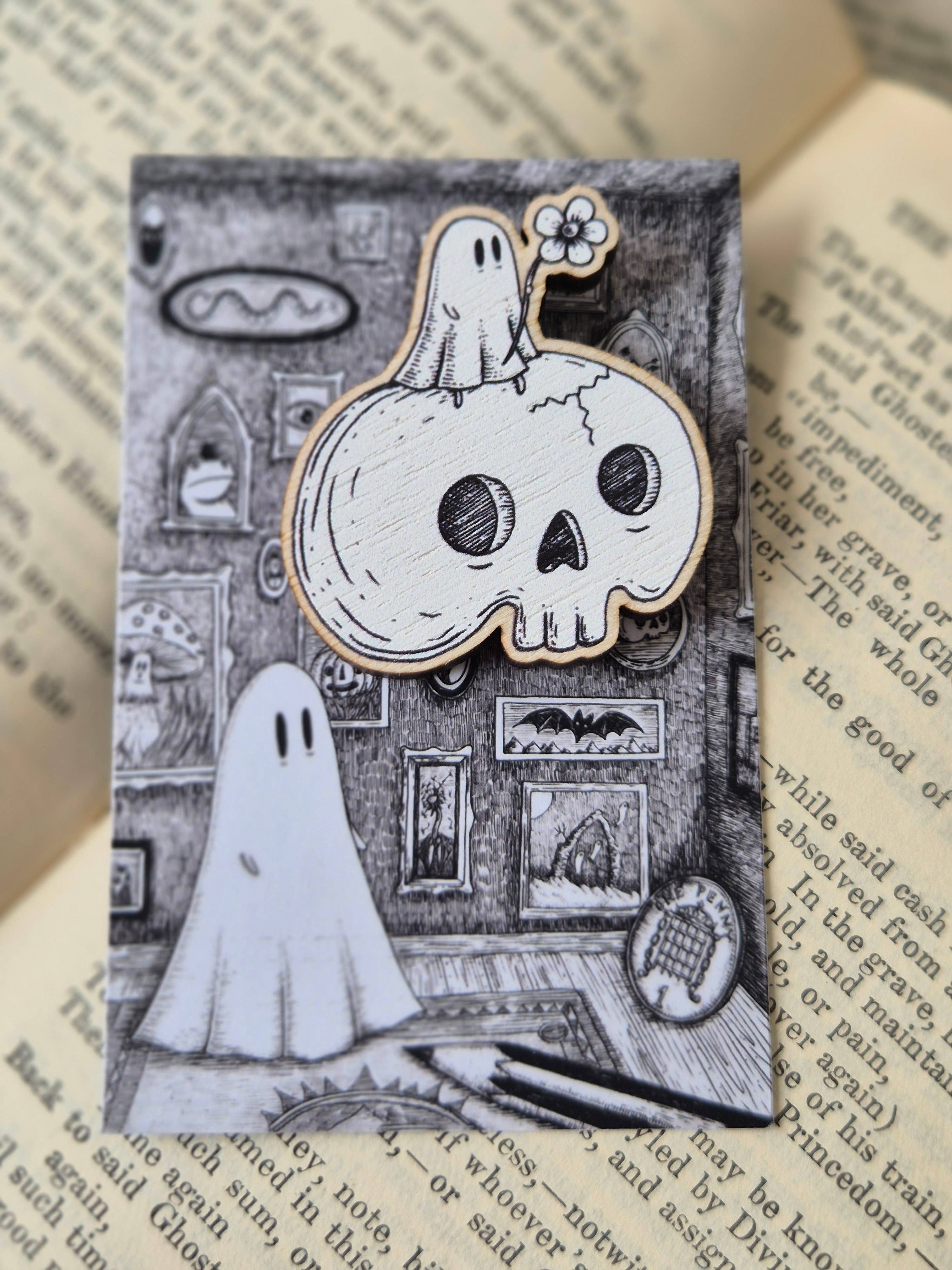 Skull Ghost Wooden Pin Badge