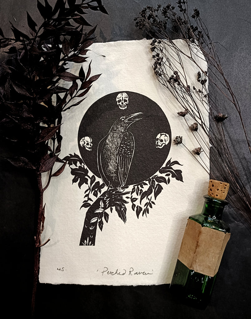 Perched Raven Art Print - Black & Bone