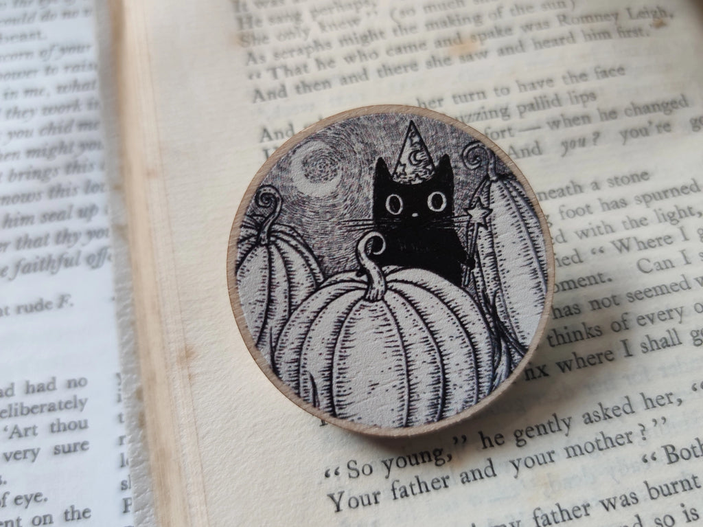 Pumpkin Wizard Black Cat Wooden Pin - Jon Turner