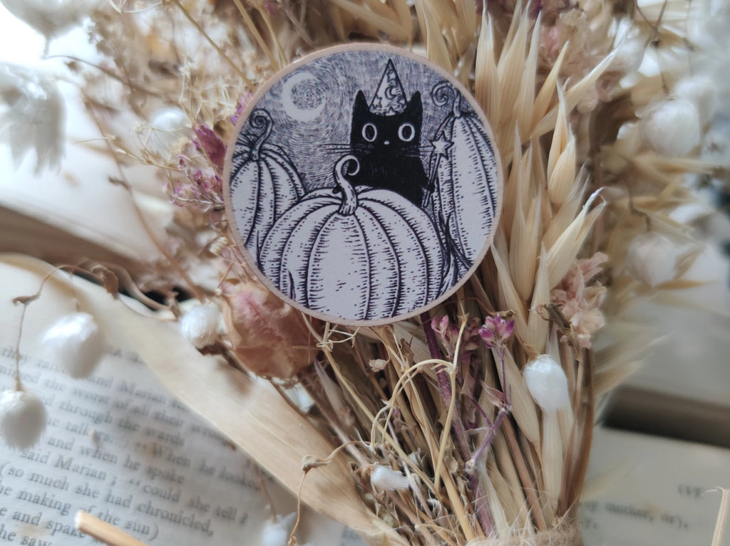 Pumpkin Wizard Black Cat Wooden Pin - Jon Turner