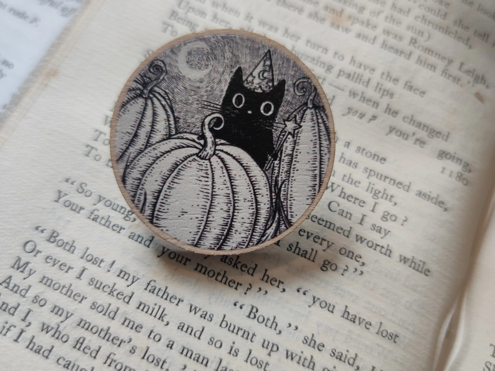 Pumpkin Wizard Black Cat Wooden Pin - Jon Turner