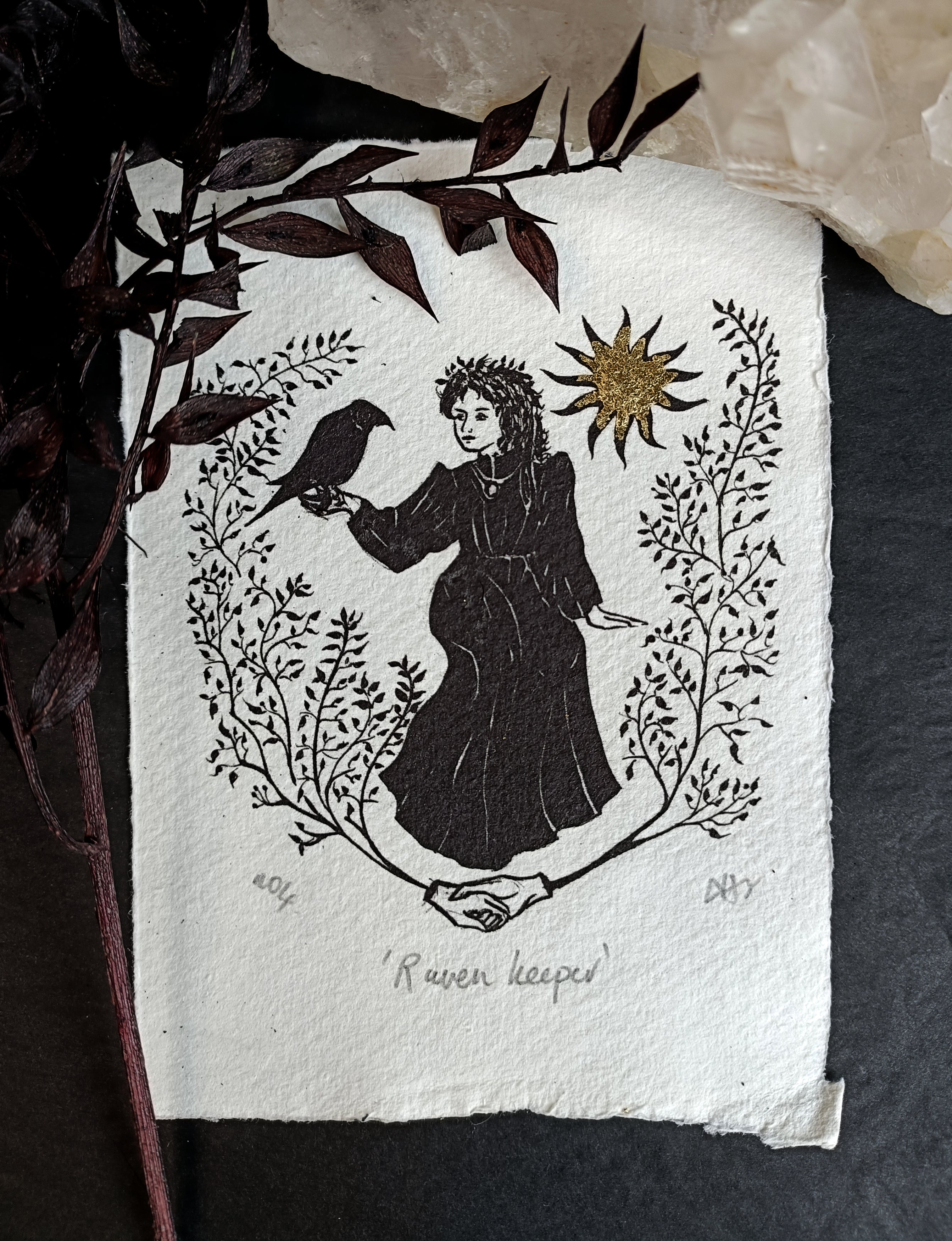 Raven Keeper Gold Leaf Art Print - Black & Bone
