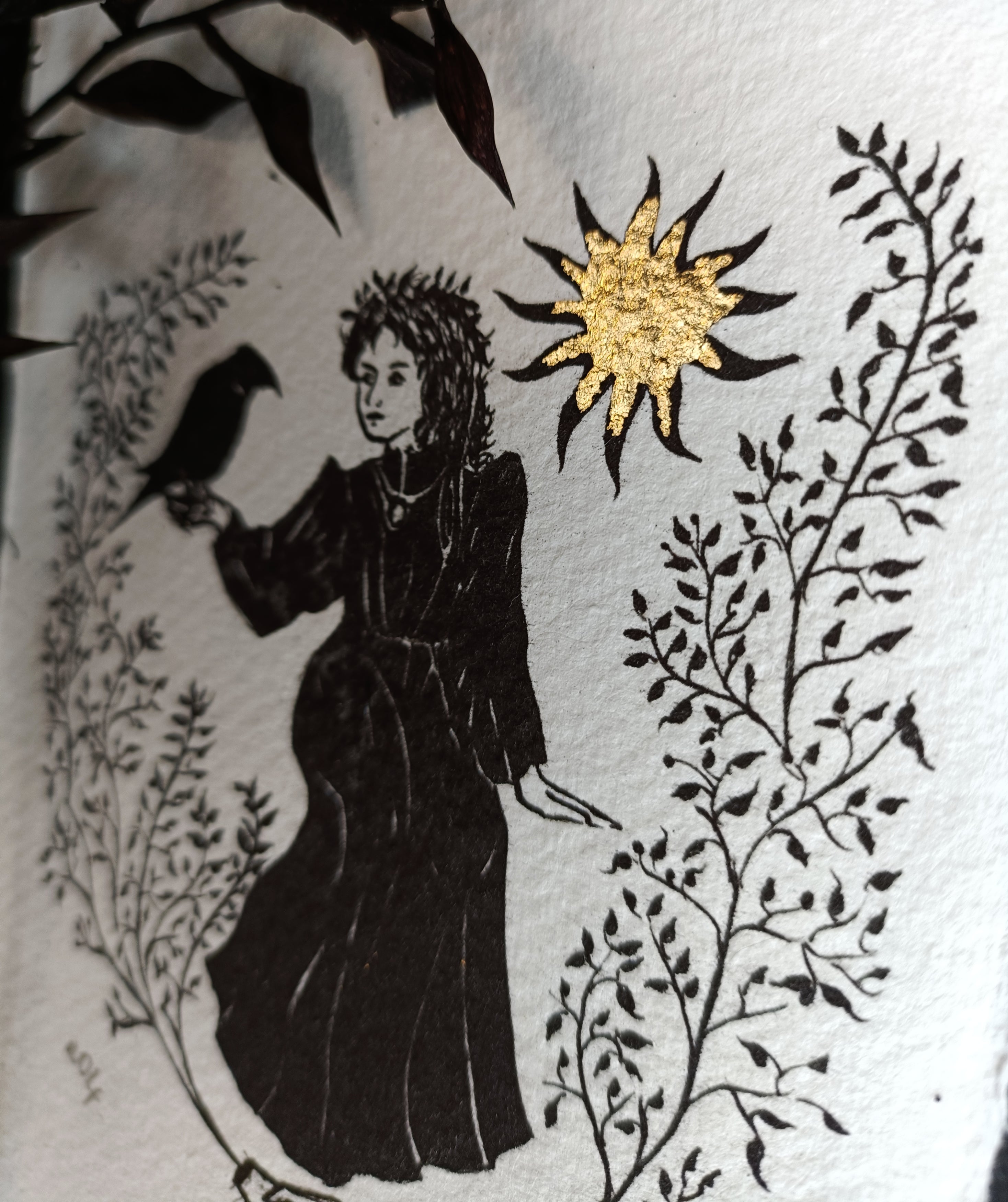 Raven Keeper Gold Leaf Art Print - Black & Bone