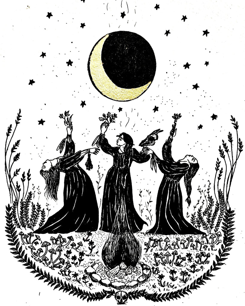 Sisterhood Of Moon and Stars Gold Leaf Art Print - Black & Bone