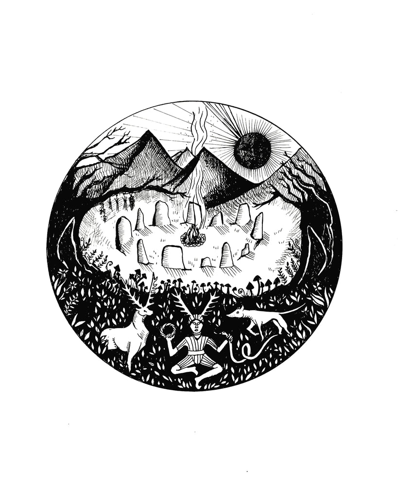Stone Circle & a Wild God Art Print - Black & Bone